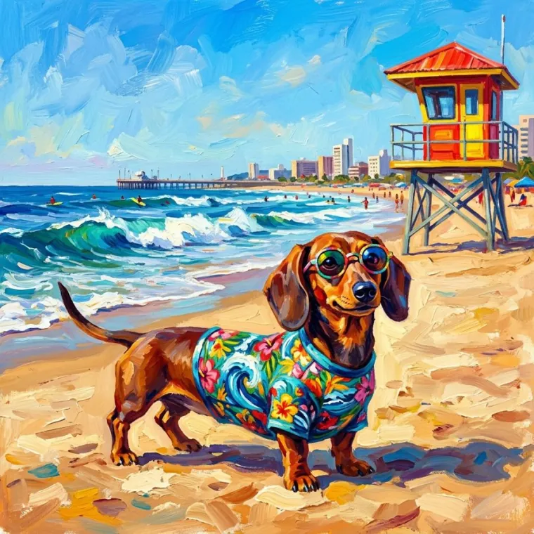 Painted sausage dog in sunglasses on a Durban beach