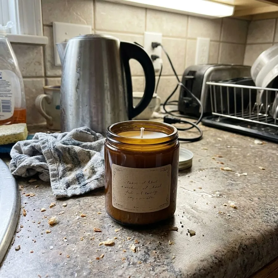 A candle on a messy kitchen counter