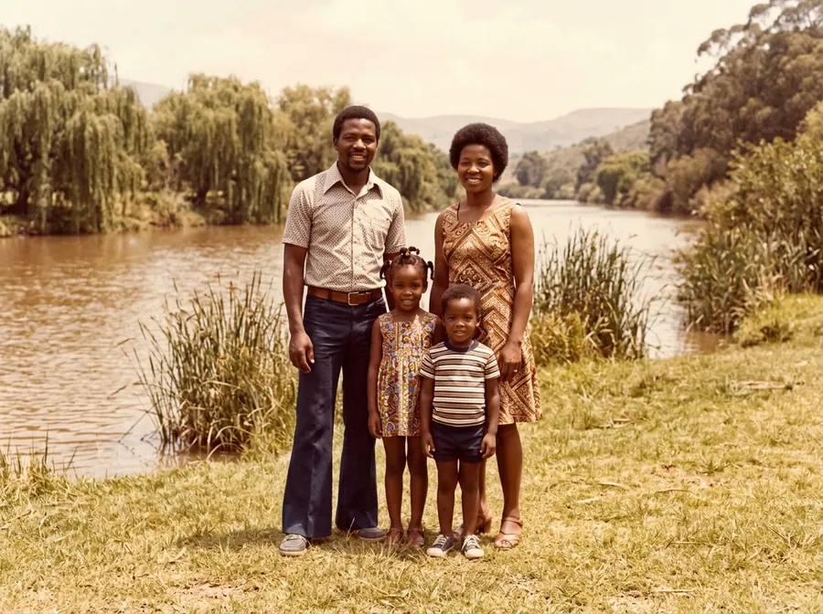The same family photo by the river, restored